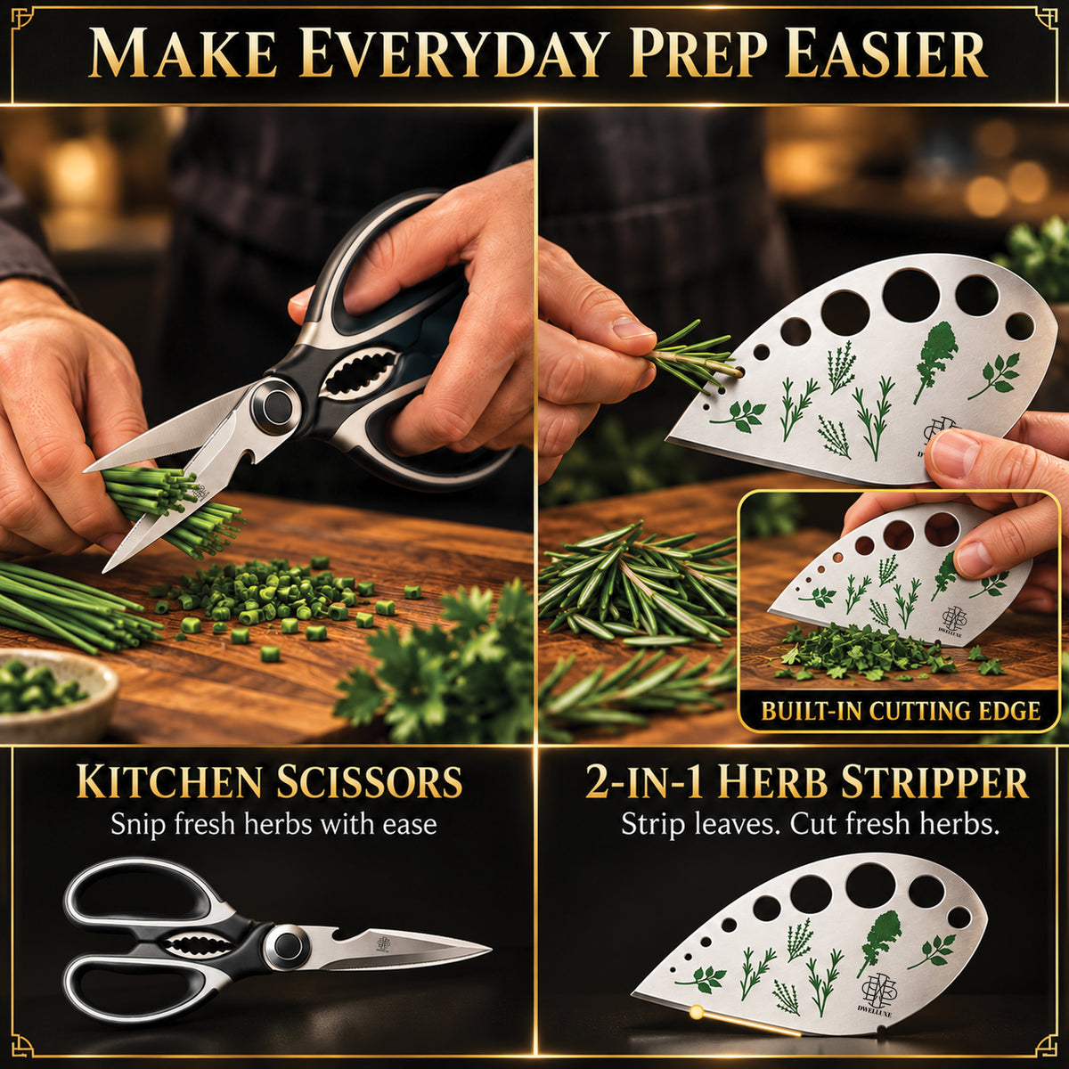 DWELLUXE Chef Knife Set UK – Ultra Sharp 8" Kitchen Knife with 7 Accessories, High Carbon Stainless Steel, Pakkawood Handle & Luxury Gift Box