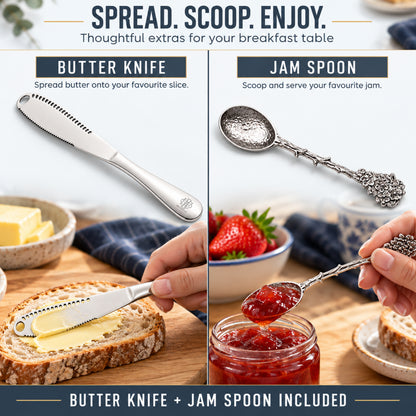 Bread Knife Set 10" Serrated Knife with Bread Bag, Butter Spreader Grater, Spoon & Luxury Gift Box - Complete Kitchen Set