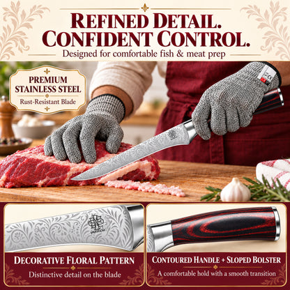 Fillet Knife Set 6.5" Boning Knife with Meat Injector, Fish Scaler, Cut Resistant Gloves, Bone Tweezers - Complete Fishing Kit