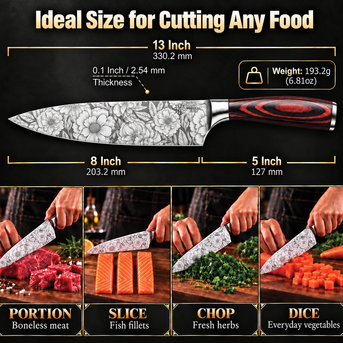 DWELLUXE Chef Knife Set UK – Ultra Sharp 8" Kitchen Knife with 7 Accessories, High Carbon Stainless Steel, Pakkawood Handle & Luxury Gift Box