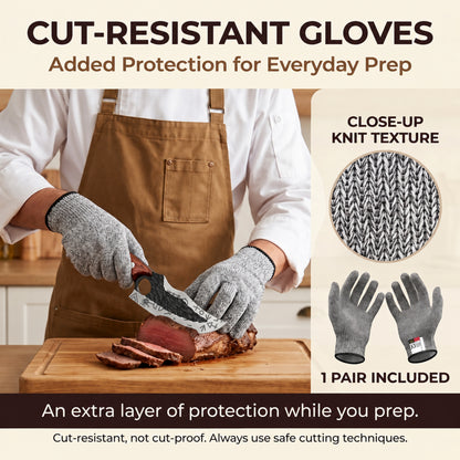 Forged Chef's Knife Set, Professional Kitchen Knife with Cut Resistant Gloves, Leather Sheath, BBQ Brush, 6 Kitchen Gadgets & Luxury Gift Box