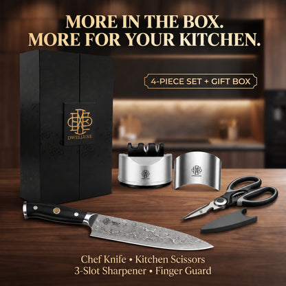 DWELLUXE Damascus Chef Knife Set UK – 8" Japanese VG-10 67-Layer Kitchen Knife, G10 Handle, 3-in-1 Sharpener & Accessories | Premium Gift Set