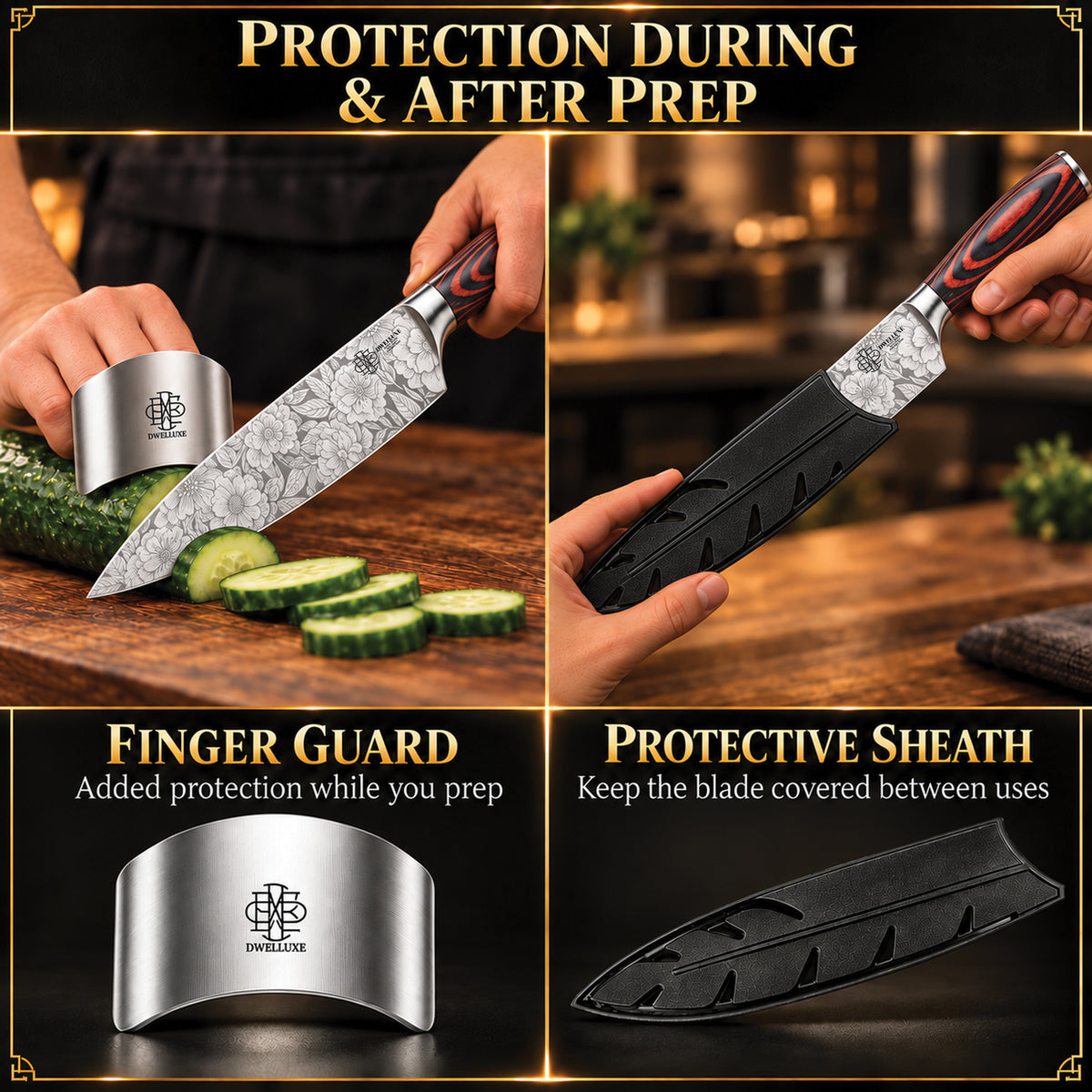 DWELLUXE Chef Knife Set UK – Ultra Sharp 8" Kitchen Knife with 7 Accessories, High Carbon Stainless Steel, Pakkawood Handle & Luxury Gift Box