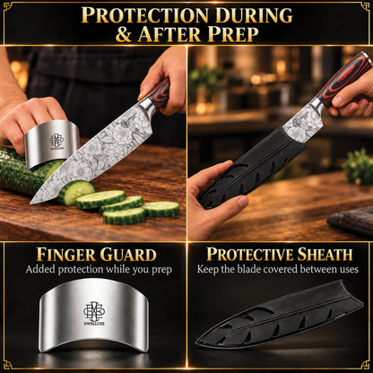 DWELLUXE Chef Knife Set UK – Ultra Sharp 8" Kitchen Knife with 7 Accessories, High Carbon Stainless Steel, Pakkawood Handle & Luxury Gift Box