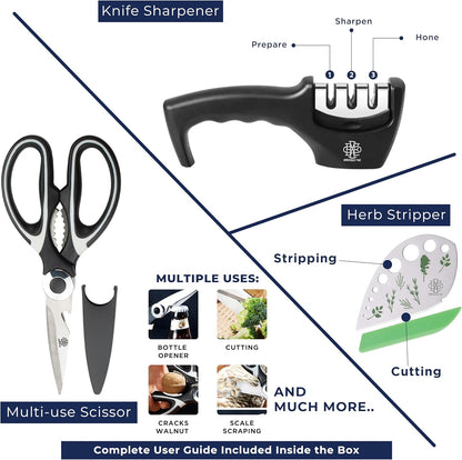 Dwelluxe 8-Inch Chef Knife Set | Laser-Etched Floral Blade | Ultra-Sharp 7Cr17MoV Steel | Ergonomic Pakkawood Handle | with 7 Accessories – Sharpener, Scissors, Herb Tool & More | Luxury Gift Box
