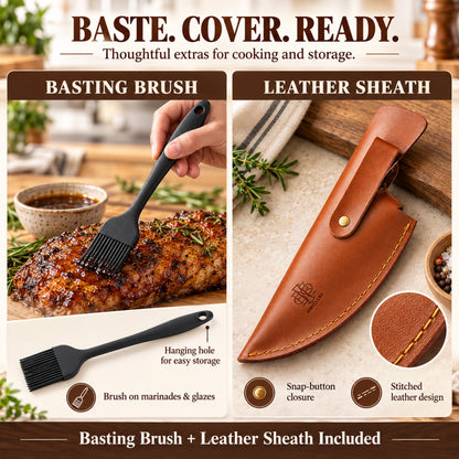 Forged Chef's Knife Set, Professional Kitchen Knife with Cut Resistant Gloves, Leather Sheath, BBQ Brush, 6 Kitchen Gadgets & Luxury Gift Box