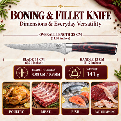 Fillet Knife Set 6.5" Boning Knife with Meat Injector, Fish Scaler, Cut Resistant Gloves, Bone Tweezers - Complete Fishing Kit