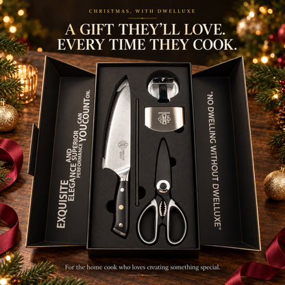 DWELLUXE Damascus Chef Knife Set UK – 8" Japanese VG-10 67-Layer Kitchen Knife, G10 Handle, 3-in-1 Sharpener & Accessories | Premium Gift Set