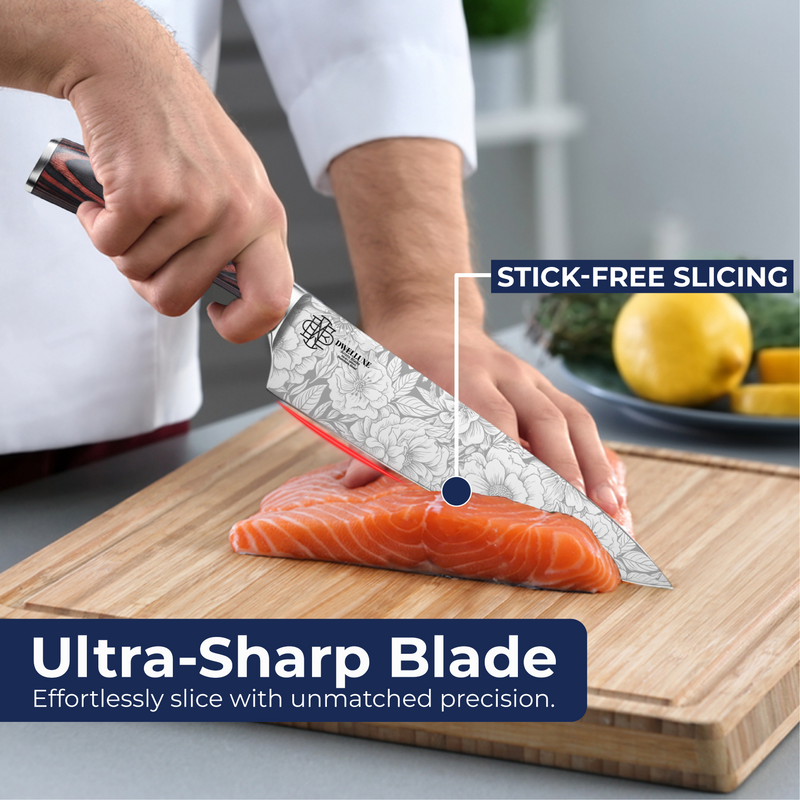 Dwelluxe Chef Knife, Ultra Sharp 8 inch Kitchen Knife with 7 Accessories, Professional, High Carbon Stainless Steel, Carving Knife with Pakkawood Handle, Luxury Gift Box for You, Family & Restaurant