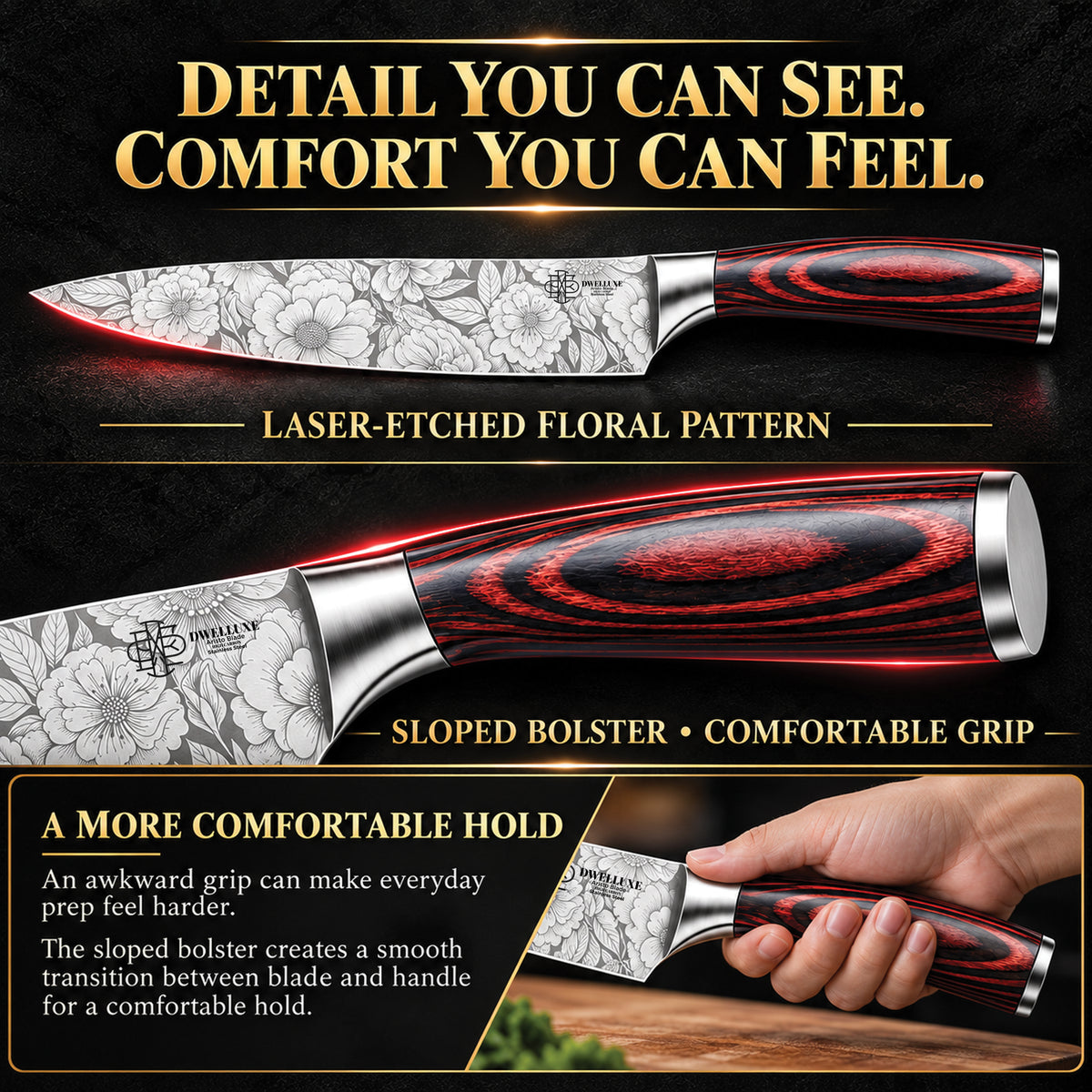 DWELLUXE Chef Knife Set UK – Ultra Sharp 8" Kitchen Knife with 7 Accessories, High Carbon Stainless Steel, Pakkawood Handle & Luxury Gift Box