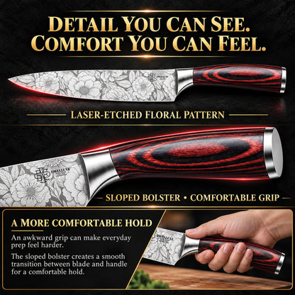 DWELLUXE Chef Knife Set UK – Ultra Sharp 8" Kitchen Knife with 7 Accessories, High Carbon Stainless Steel, Pakkawood Handle & Luxury Gift Box