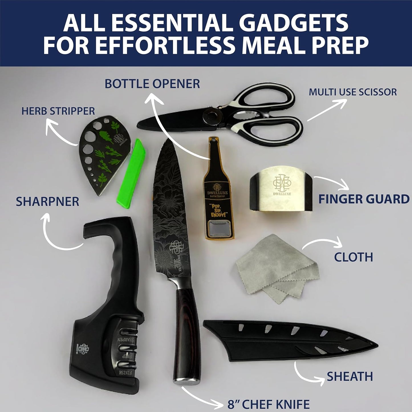 Dwelluxe 8-Inch Chef Knife Set | Laser-Etched Floral Blade | Ultra-Sharp 7Cr17MoV Steel | Ergonomic Pakkawood Handle | with 7 Accessories – Sharpener, Scissors, Herb Tool & More | Luxury Gift Box