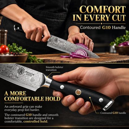 DWELLUXE Damascus Chef Knife Set UK – 8" Japanese VG-10 67-Layer Kitchen Knife, G10 Handle, 3-in-1 Sharpener & Accessories | Premium Gift Set