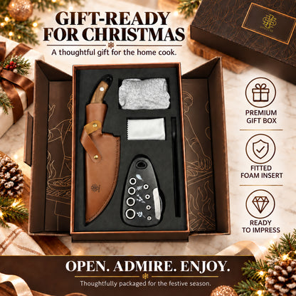 Forged Chef's Knife Set, Professional Kitchen Knife with Cut Resistant Gloves, Leather Sheath, BBQ Brush, 6 Kitchen Gadgets & Luxury Gift Box