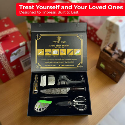 Dwelluxe 8-Inch Chef Knife Set | Laser-Etched Floral Blade | Ultra-Sharp 7Cr17MoV Steel | Ergonomic Pakkawood Handle | with 7 Accessories – Sharpener, Scissors, Herb Tool & More | Luxury Gift Box