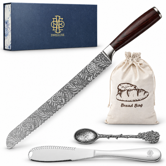 Bread Knife Set 10" Serrated Knife with Bread Bag, Butter Spreader Grater, Spoon & Luxury Gift Box - Complete Kitchen Set