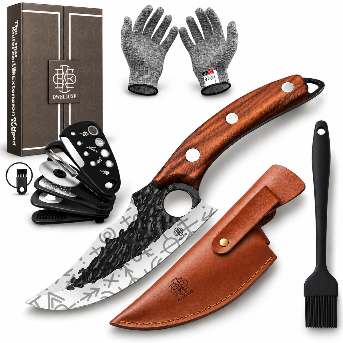 Forged Chef's Knife Set, Professional Kitchen Knife with Cut Resistant Gloves, Leather Sheath, BBQ Brush, 6 Kitchen Gadgets & Luxury Gift Box