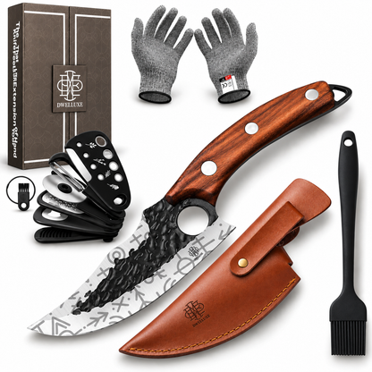 Forged Chef's Knife Set, Professional Kitchen Knife with Cut Resistant Gloves, Leather Sheath, BBQ Brush, 6 Kitchen Gadgets & Luxury Gift Box