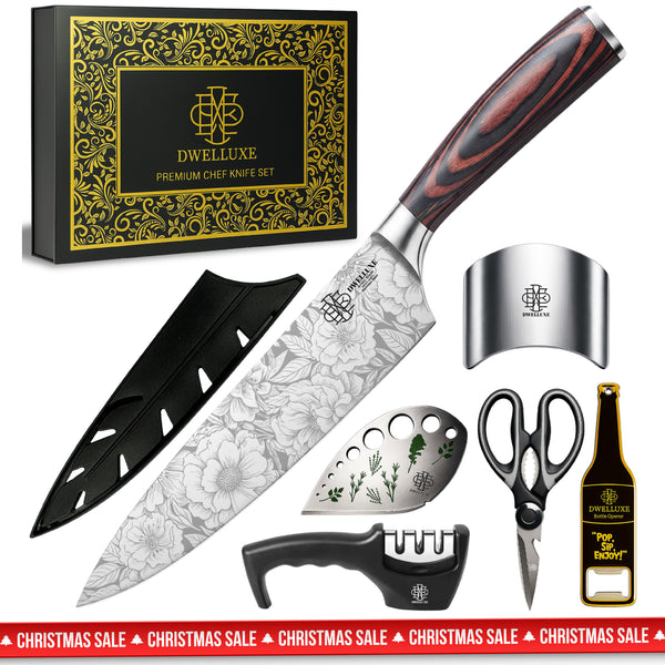 Dwelluxe Chef Knife, Ultra Sharp 8 inch Kitchen Knife with 7 Accessories, Professional, High Carbon Stainless Steel, Carving Knife with Pakkawood Handle, Luxury Gift Box for You, Family & Restaurant