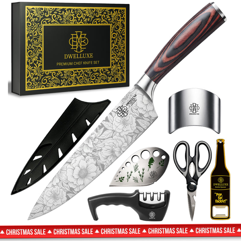 Dwelluxe Chef Knife, Ultra Sharp 8 inch Kitchen Knife with 7 Accessories, Professional, High Carbon Stainless Steel, Carving Knife with Pakkawood Handle, Luxury Gift Box for You, Family & Restaurant