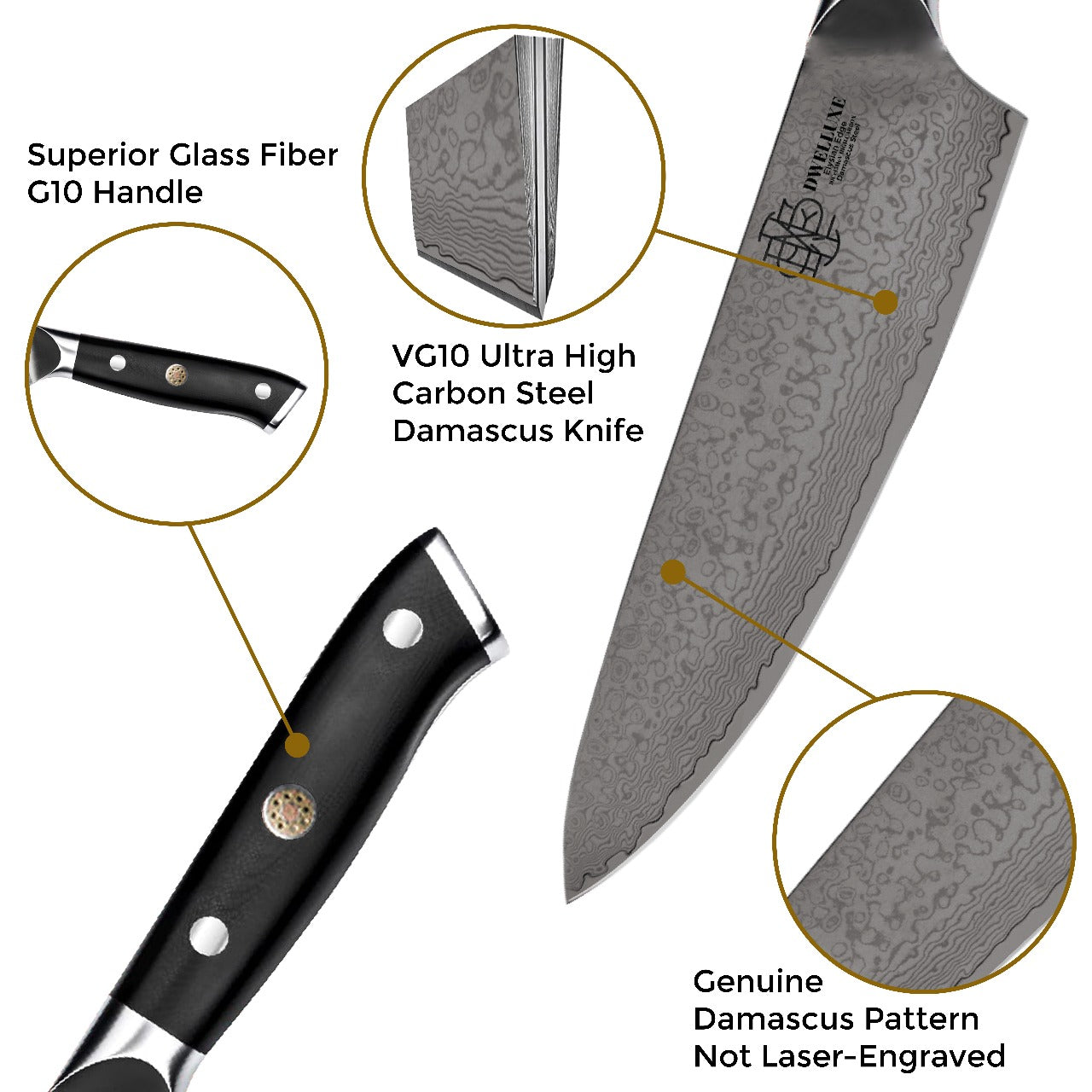 DWELLUXE Damascus Chef Knife Set - 8" Japanese VG-10 High Carbon Steel Professional 67-Layers Damascus Kitchen Knife with G10 Handle, 3-in-1 Sharpener, Multi-Use Kitchen Scissor & 304 Finger Protector