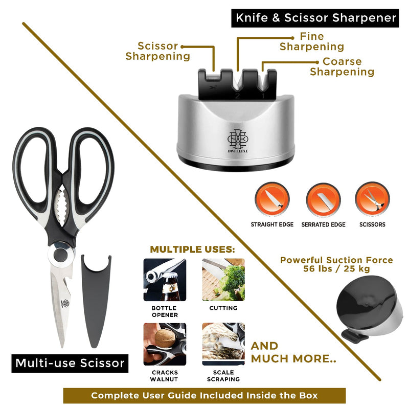 DWELLUXE Damascus Chef Knife Set - 8" Japanese VG-10 High Carbon Steel Professional 67-Layers Damascus Kitchen Knife with G10 Handle, 3-in-1 Sharpener, Multi-Use Kitchen Scissor & 304 Finger Protector