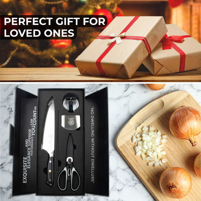 DWELLUXE Damascus Chef Knife Set - 8" Japanese VG-10 High Carbon Steel Professional 67-Layers Damascus Kitchen Knife with G10 Handle, 3-in-1 Sharpener, Multi-Use Kitchen Scissor & 304 Finger Protector