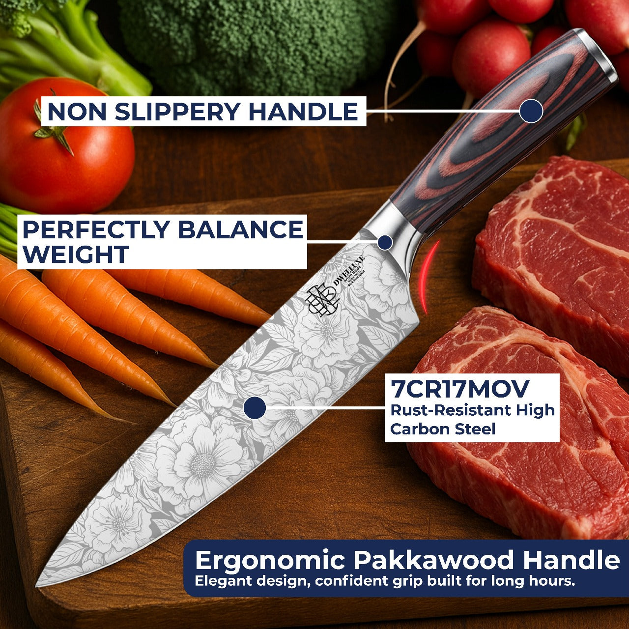Dwelluxe Chef Knife, Ultra Sharp 8 inch Kitchen Knife with 7 Accessories, Professional, High Carbon Stainless Steel, Carving Knife with Pakkawood Handle, Luxury Gift Box for You, Family & Restaurant