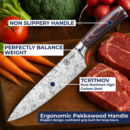 Dwelluxe Chef Knife, Ultra Sharp 8 inch Kitchen Knife with 7 Accessories, Professional, High Carbon Stainless Steel, Carving Knife with Pakkawood Handle, Luxury Gift Box for You, Family & Restaurant
