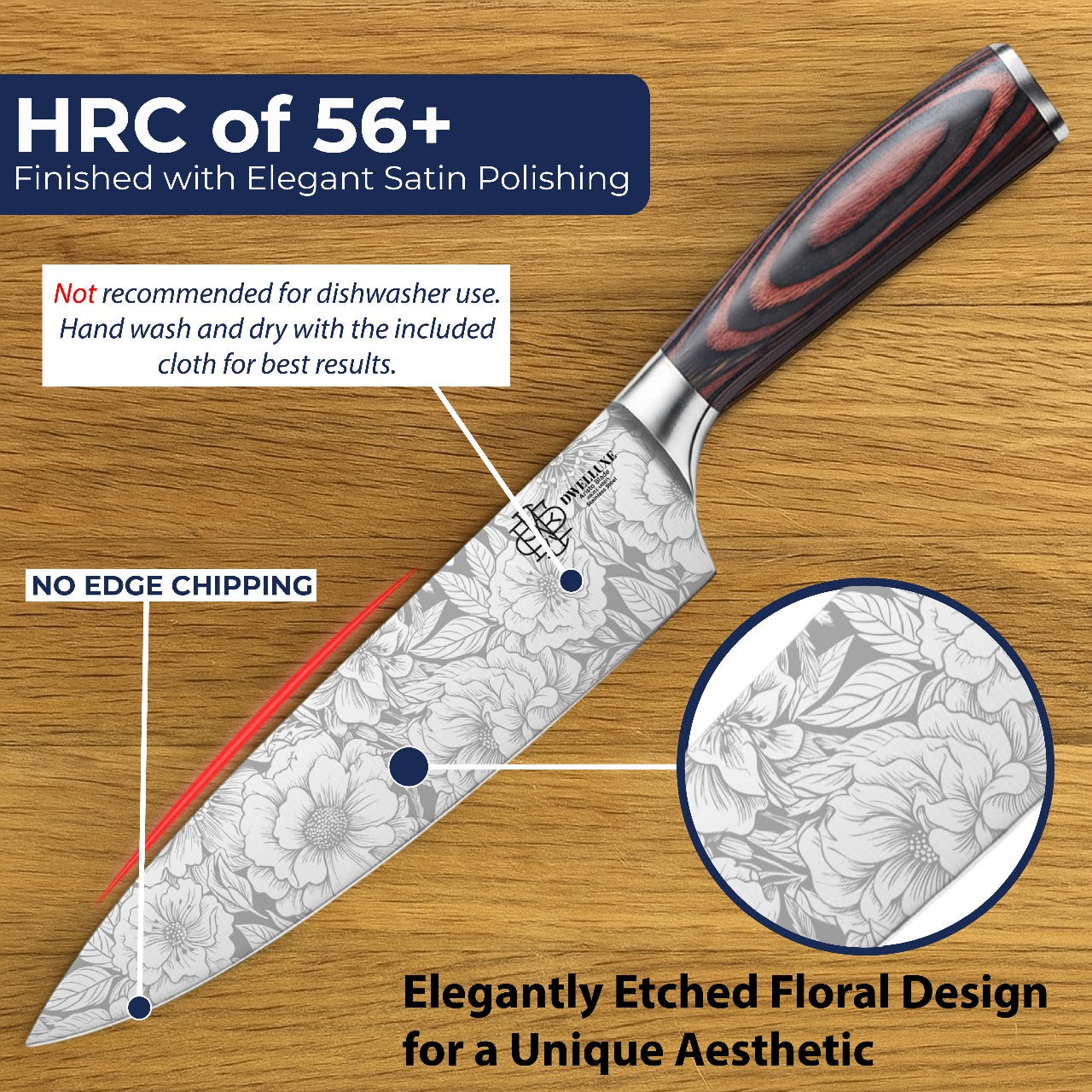 Dwelluxe Chef Knife, Ultra Sharp 8 inch Kitchen Knife with 7 Accessories, Professional, High Carbon Stainless Steel, Carving Knife with Pakkawood Handle, Luxury Gift Box for You, Family & Restaurant