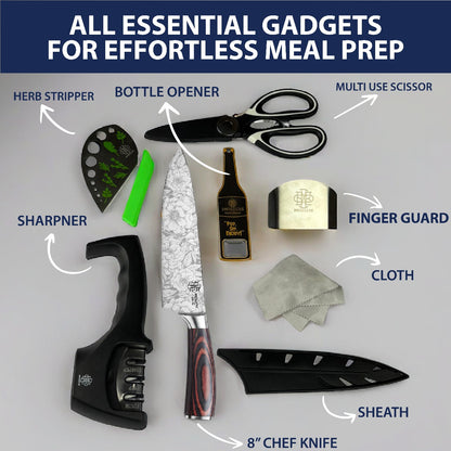 Dwelluxe Chef Knife, Ultra Sharp 8 inch Kitchen Knife with 7 Accessories, Professional, High Carbon Stainless Steel, Carving Knife with Pakkawood Handle, Luxury Gift Box for You, Family & Restaurant