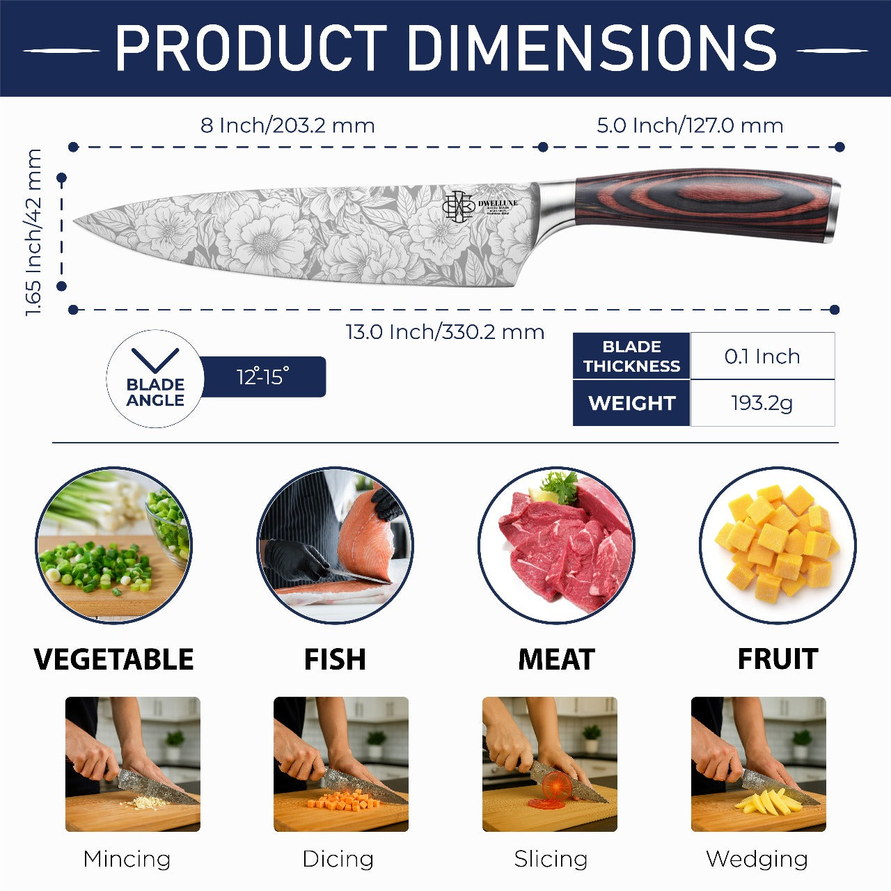 Dwelluxe Chef Knife, Ultra Sharp 8 inch Kitchen Knife with 7 Accessories, Professional, High Carbon Stainless Steel, Carving Knife with Pakkawood Handle, Luxury Gift Box for You, Family & Restaurant