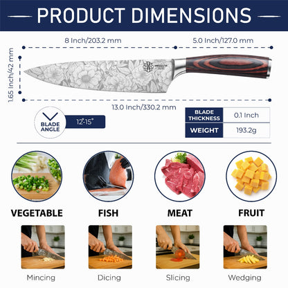 Dwelluxe Chef Knife, Ultra Sharp 8 inch Kitchen Knife with 7 Accessories, Professional, High Carbon Stainless Steel, Carving Knife with Pakkawood Handle, Luxury Gift Box for You, Family & Restaurant