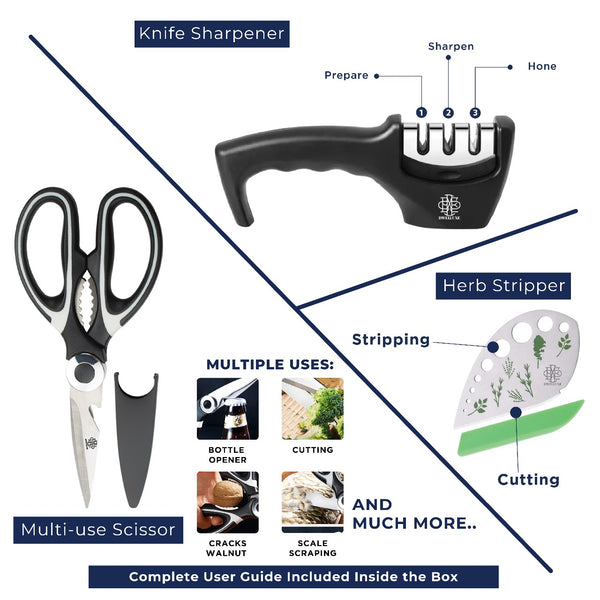 Dwelluxe Chef Knife, Ultra Sharp 8 inch Kitchen Knife with 7 Accessories, Professional, High Carbon Stainless Steel, Carving Knife with Pakkawood Handle, Luxury Gift Box for You, Family & Restaurant