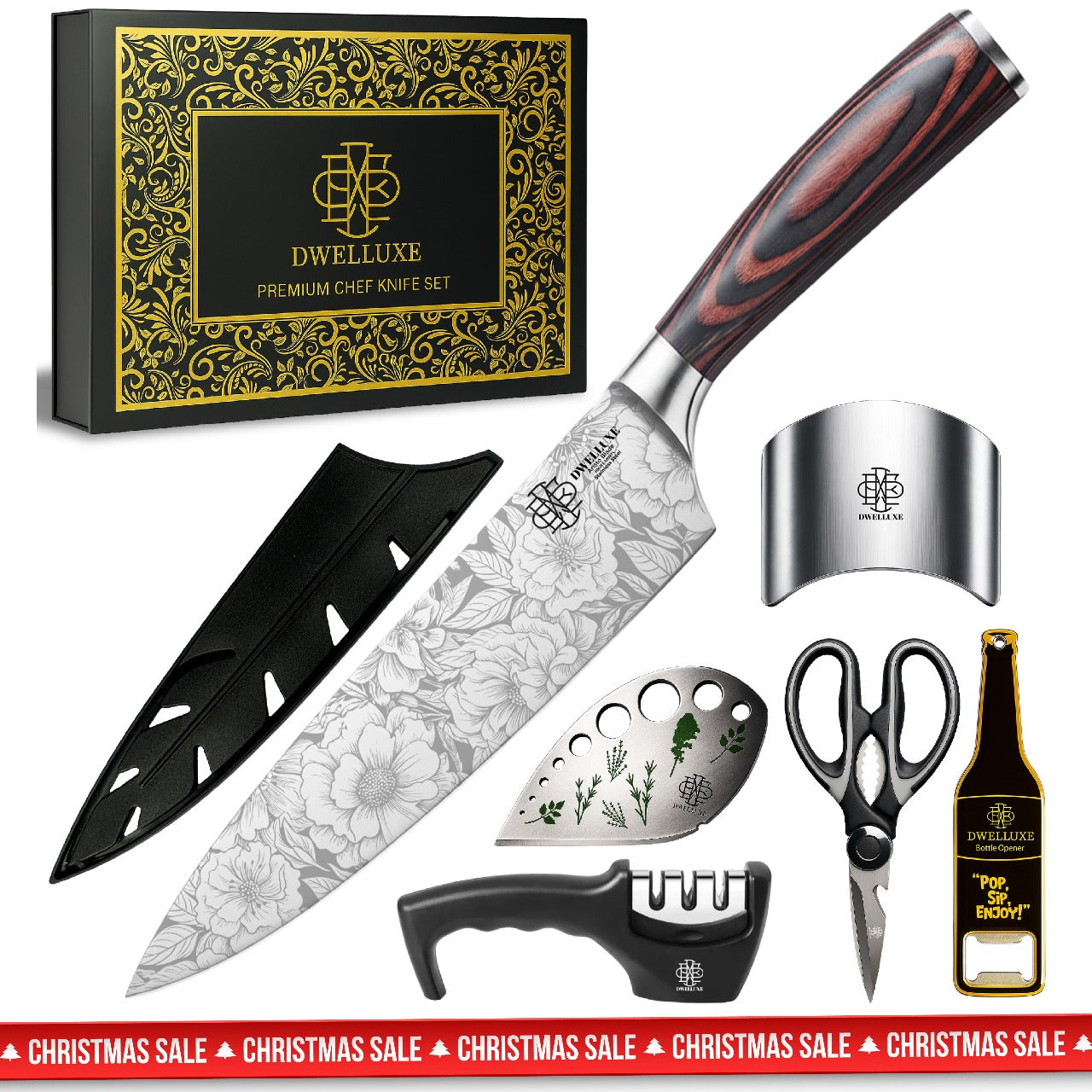Dwelluxe Chef Knife, Ultra Sharp 8 inch Kitchen Knife with 7 Accessories, Professional, High Carbon Stainless Steel, Carving Knife with Pakkawood Handle, Luxury Gift Box for You, Family & Restaurant