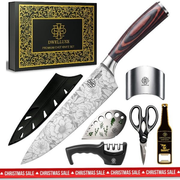Dwelluxe Chef Knife, Ultra Sharp 8 inch Kitchen Knife with 7 Accessories, Professional, High Carbon Stainless Steel, Carving Knife with Pakkawood Handle, Luxury Gift Box for You, Family & Restaurant