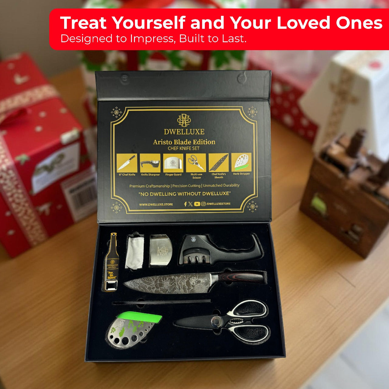 Dwelluxe Chef Knife, Ultra Sharp 8 inch Kitchen Knife with 7 Accessories, Professional, High Carbon Stainless Steel, Carving Knife with Pakkawood Handle, Luxury Gift Box for You, Family & Restaurant