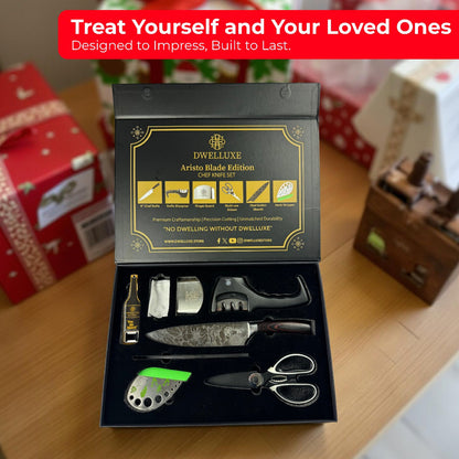 Dwelluxe Chef Knife, Ultra Sharp 8 inch Kitchen Knife with 7 Accessories, Professional, High Carbon Stainless Steel, Carving Knife with Pakkawood Handle, Luxury Gift Box for You, Family & Restaurant
