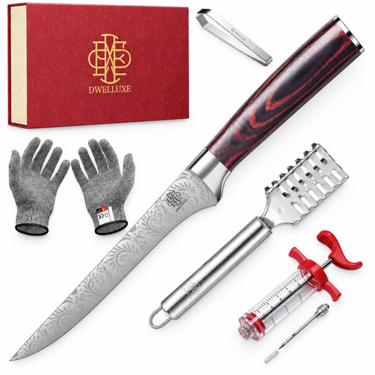 Fillet Knife Set 6.5" Boning Knife with Meat Injector, Fish Scaler, Cut Resistant Gloves, Bone Tweezers - Complete Fishing Kit