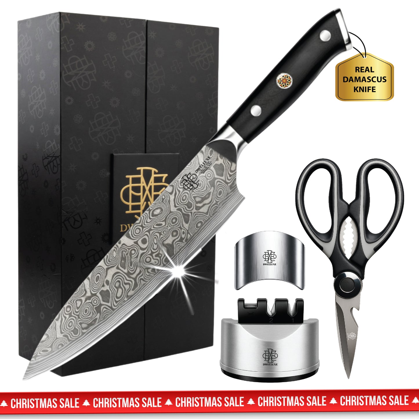 DWELLUXE Damascus Chef Knife Set - 8" Japanese VG-10 High Carbon Steel Professional 67-Layers Damascus Kitchen Knife with G10 Handle, 3-in-1 Sharpener, Multi-Use Kitchen Scissor & 304 Finger Protector