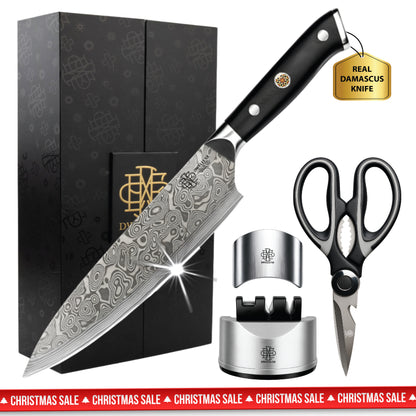 DWELLUXE Damascus Chef Knife Set - 8" Japanese VG-10 High Carbon Steel Professional 67-Layers Damascus Kitchen Knife with G10 Handle, 3-in-1 Sharpener, Multi-Use Kitchen Scissor & 304 Finger Protector