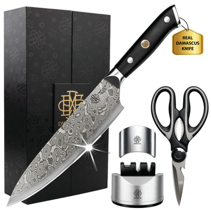 DWELLUXE Damascus Chef Knife Set - 8" Japanese VG-10 High Carbon Steel Professional 67-Layers Damascus Kitchen Knife with G10 Handle, 3-in-1 Sharpener, Multi-Use Kitchen Scissor & 304 Finger Protector