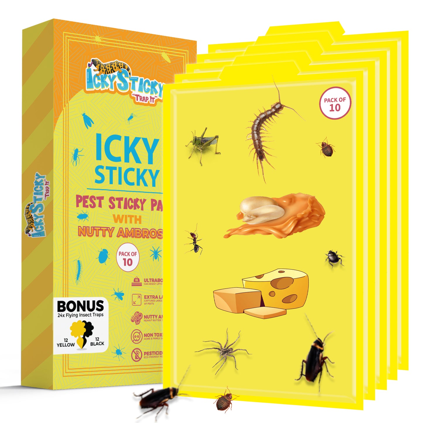 10 PACK Sticky Traps Large Extra Strong Sticky Traps Glue Pads - With 24 Flying Insect Traps for Indoor Outdoor, Home Kitchen, Garage, Garden