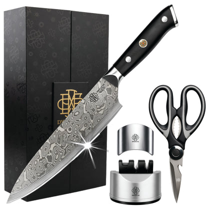 DWELLUXE Damascus Chef Knife Set UK – 8" Japanese VG-10 67-Layer Kitchen Knife, G10 Handle, 3-in-1 Sharpener & Accessories | Premium Gift Set