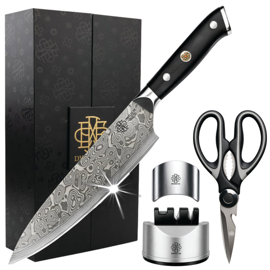 DWELLUXE Damascus Chef Knife Set UK – 8" Japanese VG-10 67-Layer Kitchen Knife, G10 Handle, 3-in-1 Sharpener & Accessories | Premium Gift Set